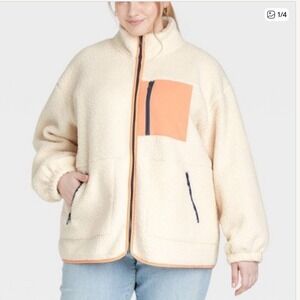 Universal Thread Women's 2X Sherpa Fleece Jacket Zip Up Cream Peach Pocket